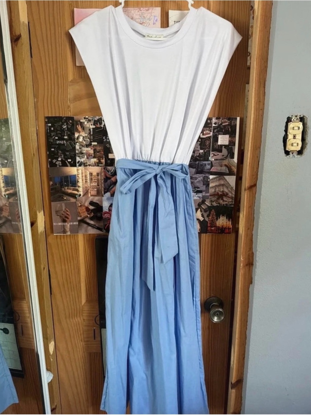 Women's White & Light Blue Maxi Skirt Dress with Waist Tie